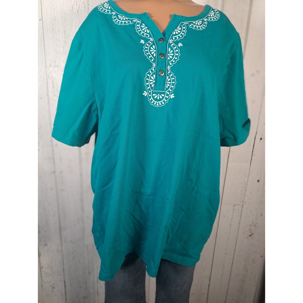 Liz & Me Womens 1X 18/20W Teal Henley Top White Embroidered Short Sleeve Cotton - Picture 3 of 8